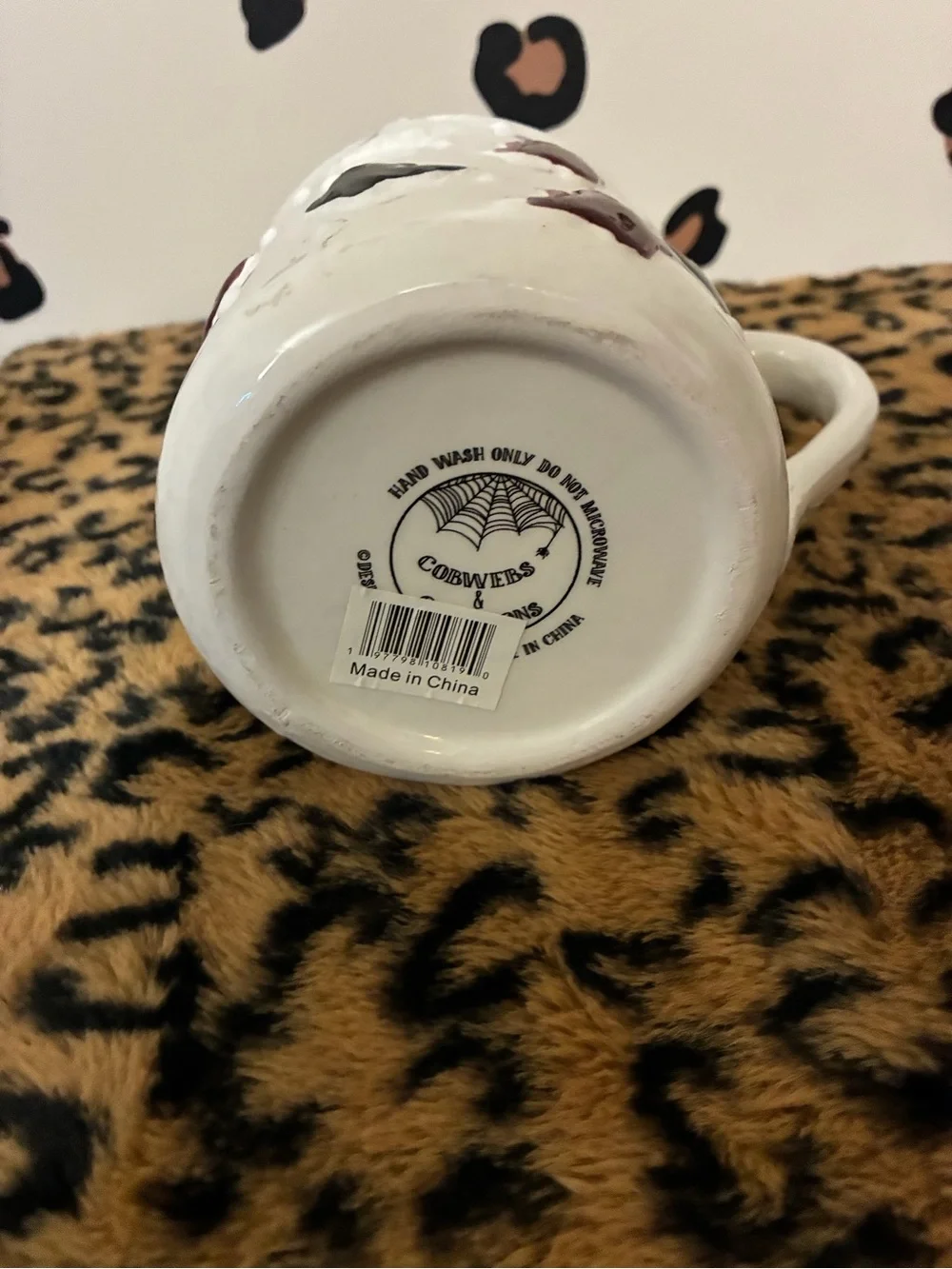 Handmade White Ceramic Mug with Black and Burgundy Ghost Accents - Home Accents